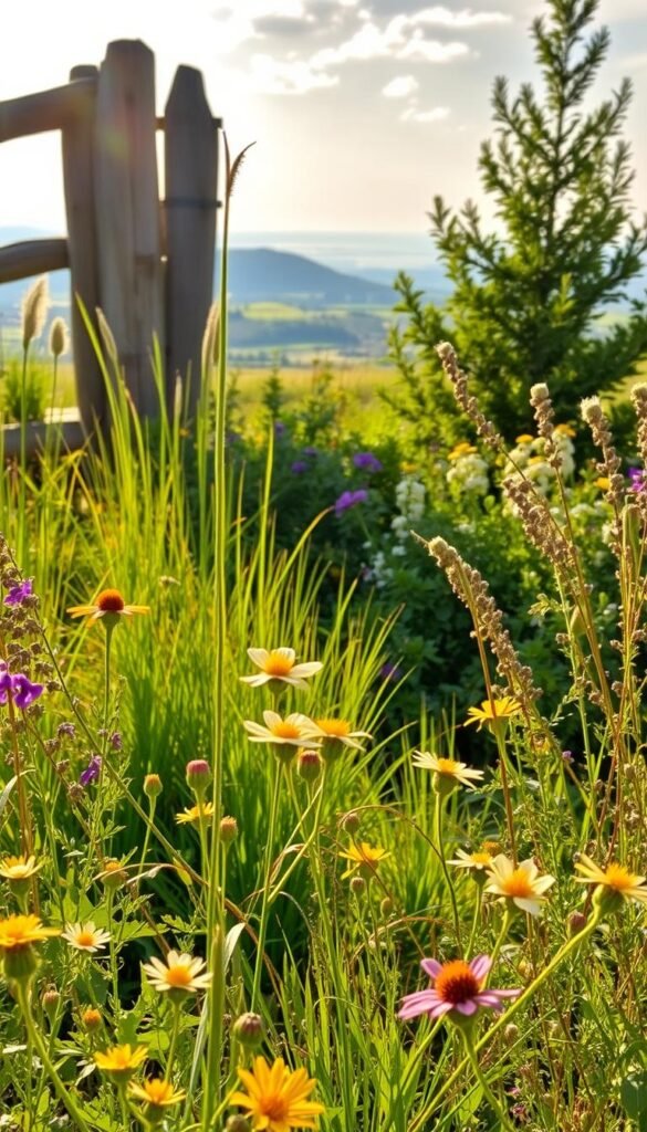 A lush, naturalistic garden scene showcasing an array of vibrant native plants. In the foreground, delicate wildflowers sway gently in a soft breeze, their petals illuminated by warm, golden sunlight filtering through wispy clouds. The middle ground features a mix of tall grasses, flowering shrubs, and small trees, creating a layered, verdant tapestry. In the background, a weathered wooden fence partially obscures a tranquil view of rolling hills and a distant, hazy horizon. The overall composition conveys a sense of harmony and balance, inviting the viewer to pause and appreciate the beauty of a well-curated native plant landscape.