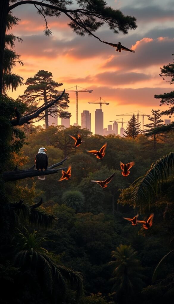A lush, overgrown forest at dusk, with towering trees and dense foliage. In the foreground, a majestic bald eagle perches on a dead branch, its keen eyes scanning the horizon. In the middle ground, a small group of endangered songbirds flutter nervously, threatened by the presence of a prowling bobcat. In the background, the silhouettes of skyscrapers and construction cranes loom, reminding us of the encroaching human development that poses a constant threat to these vulnerable species. The scene is bathed in a warm, golden light, creating a sense of drama and urgency, underscoring the delicate balance between nature and human progress.