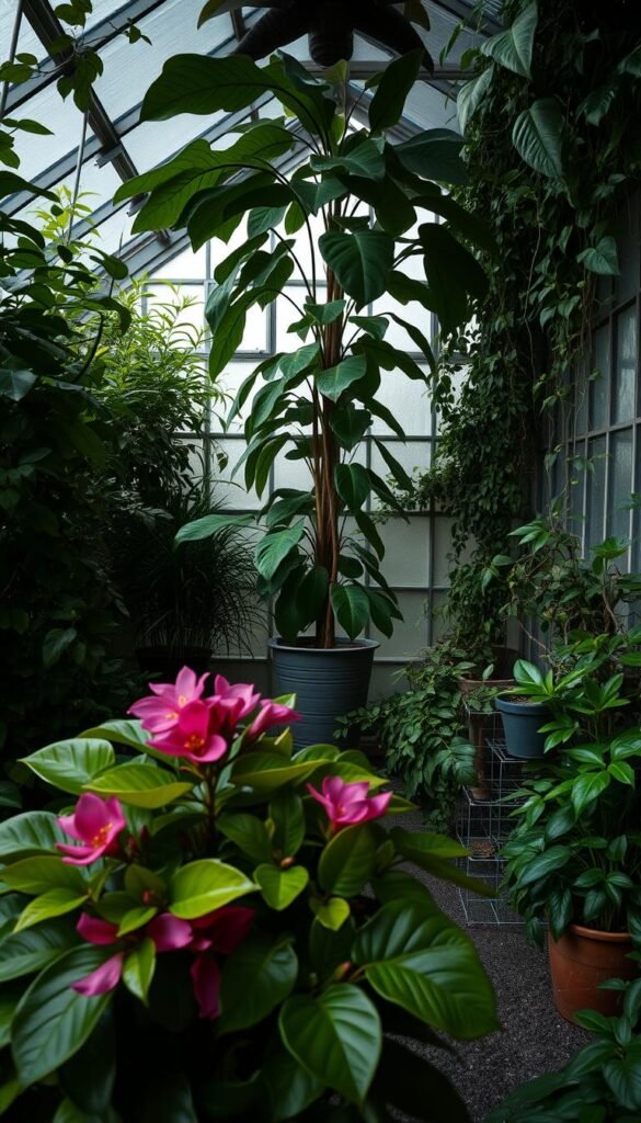 A lush, overgrown greenhouse interior filled with a variety of toxic houseplants that are dangerous for birds. The foreground features a cluster of lush, glossy leaves of oleander, its vibrant pink flowers contrasting against the dark, shadowy backdrop. In the middle ground, a potted castor bean plant towers overhead, its large, lobed leaves casting an ominous presence. Trailing vines of English ivy creep along the edges, while a potted philodendron sits in a corner, its verdant foliage concealing its toxic nature. Soft, diffused lighting filters through the greenhouse's glass walls, creating an eerie, foreboding atmosphere that emphasizes the hazardous nature of these plants for avian companions.