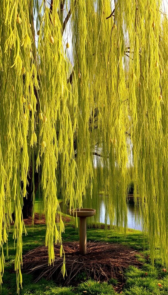 A lush, sprawling willow grove in golden afternoon light, the graceful branches swaying gently. In the foreground, a cluster of slender willows with fuzzy catkins and delicate leaves, creating a peaceful, inviting atmosphere. In the middle ground, a bird bath nestled among the willows, surrounded by a scattering of singing songbirds. In the background, a tranquil pond reflecting the willow-draped scenery. The overall scene conveys a sense of natural harmony and abundance, perfectly suited to attract and shelter a variety of migratory and resident birds.