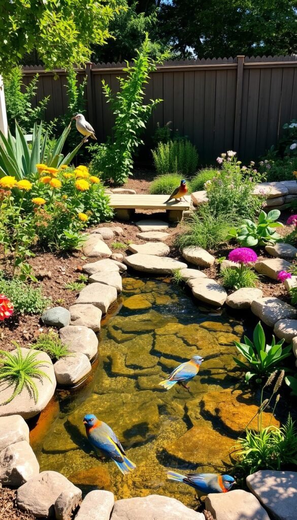A lush, sun-dappled backyard garden with a charming DIY water feature as the centerpiece. In the foreground, a rustic stone-lined pond filled with crystal-clear water, surrounded by a mix of native plants and blooming flowers that attract vibrant birds. In the middle ground, a simple wooden bridge or stepping stones lead to the water's edge, inviting closer exploration. The background features a picturesque wooden fence or natural stone wall, creating a serene and private atmosphere. Soft, warm lighting illuminates the scene, casting gentle shadows and reflections on the tranquil surface of the water. The overall mood is one of peaceful, budget-friendly backyard bliss, perfect for bird-watching and relaxation.