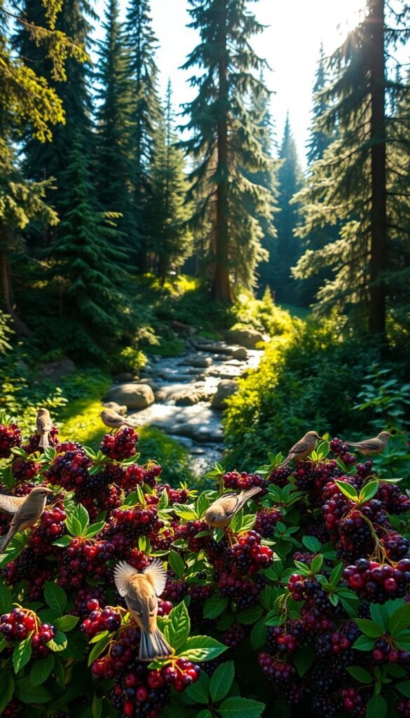 A lush, sun-dappled forest clearing with abundant huckleberry bushes in the foreground, their ripe, deep purple berries glistening temptingly. Birds of various species flit among the branches, pecking at the succulent fruits. The background features a tranquil stream and towering evergreen trees, creating a serene, natural atmosphere. Warm, golden lighting filters through the canopy, casting a gentle glow on the scene. Captured with a wide-angle lens to showcase the depth and beauty of this huckleberry-filled haven, a sanctuary for hungry birds in the late summer.