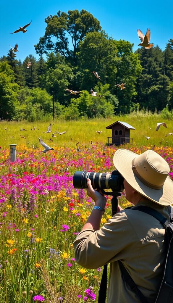A lush, sun-dappled meadow in the height of summer, teeming with vibrant flora and a symphony of birdsong. In the foreground, a birdwatcher dressed in khaki and wielding a high-powered camera lens, their eyes trained on the skies above, capturing the graceful flight and vibrant plumage of a variety of songbirds. In the middle ground, a wooden bird blind offers a perfect vantage point, blending seamlessly into the natural landscape. Beyond, a dense forest canopy casts gentle shadows, creating a warm, inviting atmosphere perfect for a day of summer birdwatching.