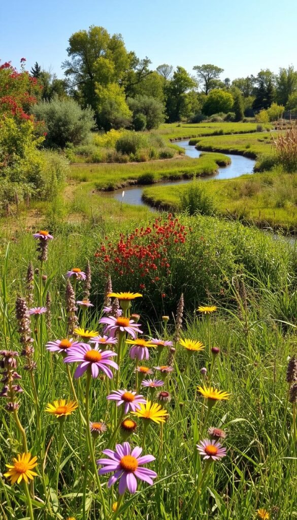 A lush, sun-drenched meadow filled with an abundance of native plants, meticulously crafted to create an ideal habitat for birds. In the foreground, vibrant wildflowers in shades of purple, yellow, and pink sway gently in the breeze, their petals catching the warm, golden light. In the middle ground, a variety of native shrubs and trees, including red-flowering currants, serviceberries, and native dogwoods, provide shelter, nesting sites, and a rich source of food for a diverse array of avian species. The background features a tranquil, winding stream, its banks lined with reeds and cattails, creating a serene and inviting environment for birds to thrive. The entire scene is captured with a wide, panoramic lens, conveying a sense of harmony and abundance in this bird-friendly oasis.