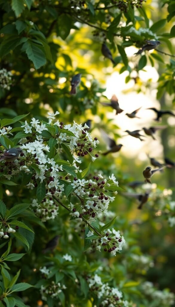 A lush, verdant Serviceberry shrub in early spring, its delicate white flowers in full bloom, providing a verdant backdrop for a flock of songbirds flitting between the branches. The gentle morning light filters through the foliage, casting a warm, soft glow over the scene. The shrub's distinctive reddish-purple berries are just beginning to form, offering a natural food source for the birds. The composition is balanced, with the Serviceberry taking center stage, its graceful silhouette framed by the birds' vibrant movements. This tranquil, nature-filled tableau exudes a sense of peaceful coexistence between the plant and its avian visitors.