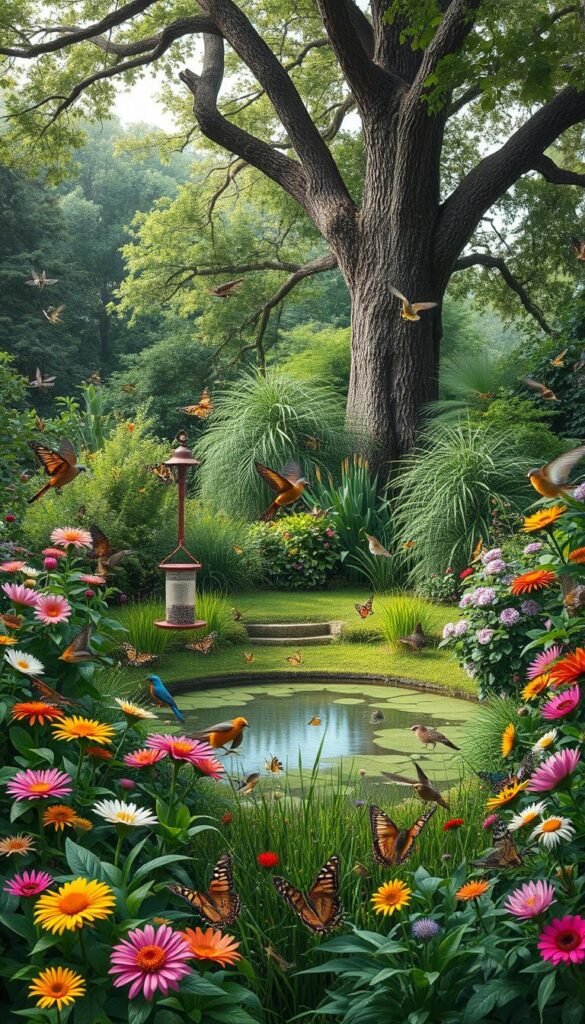 A lush, verdant backyard garden teeming with vibrant native flora and fauna. In the foreground, a variety of birds and butterflies flit and flutter amidst the blooming flowers and verdant foliage. A bird feeder stands prominently, attracting a diverse array of feathered visitors. In the middle ground, a small pond reflects the surrounding greenery, with frogs and dragonflies darting across the surface. In the background, towering trees provide a canopy of shade, their branches concealing the nests of owls and squirrels. Soft, diffused natural lighting illuminates the scene, creating a serene and harmonious atmosphere that celebrates the beauty and importance of wildlife conservation.