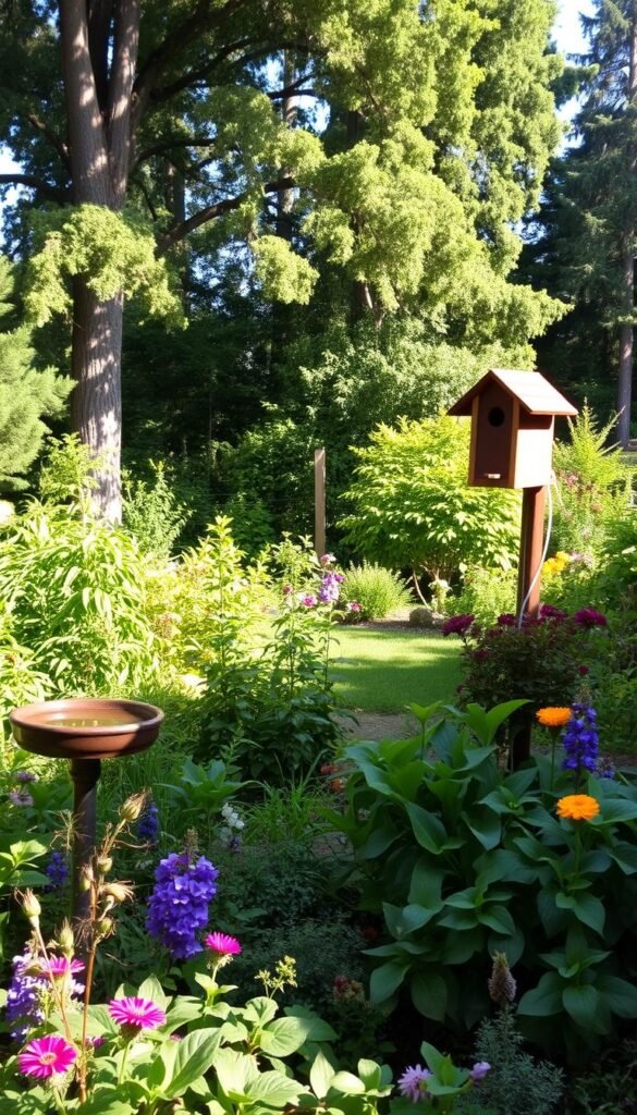 A lush, verdant backyard scene with a focus on planting and maintaining a thriving bird habitat. In the foreground, a diverse array of native plants, flowers, and shrubs provide abundant food and shelter for a variety of avian species. A bird bath or small pond glistens in the dappled sunlight, inviting birds to bathe and drink. In the middle ground, a wooden birdhouse is mounted on a sturdy post, its entryway opened to welcome nesting birds. The background features tall trees with lush, mature foliage, creating a natural canopy that casts a warm, inviting glow across the scene. The overall atmosphere is one of tranquility and harmony, where human stewardship and nature coexist in perfect balance.