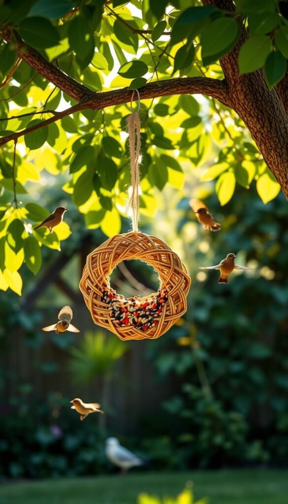 A lush, verdant backyard setting with a beautifully crafted birdseed wreath feeder hanging from a sturdy tree branch. The wreath is made of a woven natural material, filled with an assortment of colorful birdseed. Sunlight filters through the leaves, casting a warm, golden glow over the scene. A few curious birds flutter around the feeder, eager to partake in the delicious treat. The feeder is positioned at the perfect height, inviting birds to comfortably perch and enjoy their meal. The overall composition is charming and inviting, perfectly capturing the essence of a homemade birdseed wreath feeder as a delightful addition to any yard.