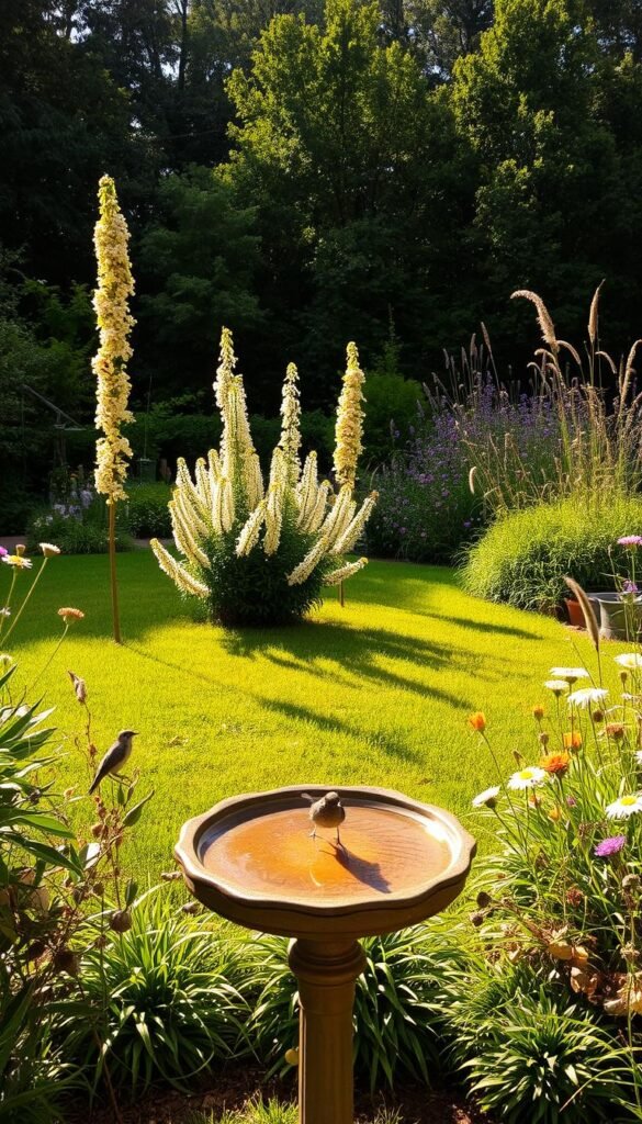 A lush, verdant backyard teeming with native flora and fauna, providing a haven for diverse bird species. In the foreground, a birdbath glistens under the warm, golden rays of the afternoon sun, inviting feathered visitors to quench their thirst. Tall, flowering shrubs and trees dot the middle ground, offering ample shelter and nesting opportunities. In the background, a mix of perennial wildflowers and grasses sway gently in the soft breeze, creating a picturesque, wildlife-friendly landscape. The scene radiates a serene, tranquil atmosphere, encouraging birds to thrive and flourish in this meticulously curated, bird-friendly environment.