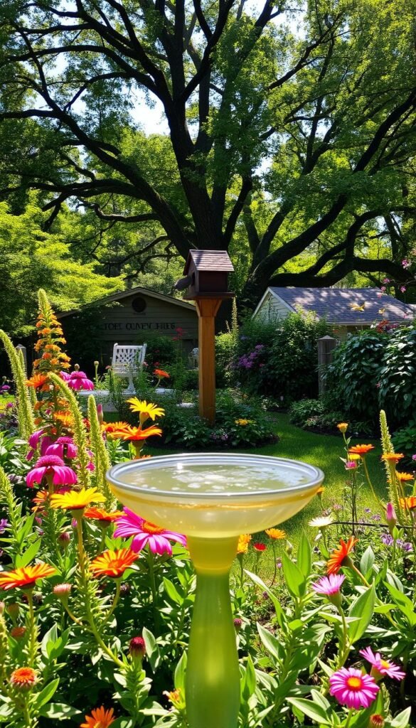 A lush, verdant backyard teeming with vibrant flora and fauna. In the foreground, a bird bath glistens in the warm sunlight, surrounded by a delightful array of native flowers and shrubs that attract a variety of avian visitors. In the middle ground, a birdhouse perches atop a sturdy wooden post, its residents eagerly peeking out. In the background, a canopy of mature trees casts a gentle, dappled shade, providing shelter and nesting sites for diverse bird species. The scene exudes a sense of harmony and tranquility, inviting the viewer to appreciate the beauty and benefits of a bird-friendly backyard habitat.