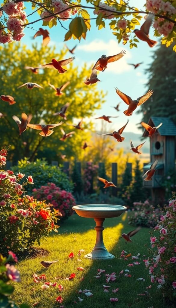 A lush, verdant backyard with a bountiful array of spring migrants taking flight. In the foreground, a burst of color as songbirds dart among the flowering trees and bushes, their wings catching the warm, golden sunlight. In the middle ground, a birdbath reflects the serene, azure sky above, while a scattering of fallen petals dance on the gentle breeze. In the background, a weathered birdhouse stands sentinel, welcoming the annual return of feathered travelers. The scene is bathed in a soft, ambient glow, capturing the vibrant, rejuvenating spirit of spring's avian awakening.