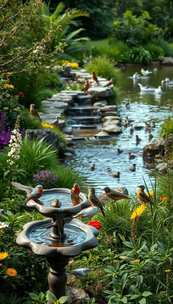 A lush, verdant bird garden filled with a variety of water features that attract and delight feathered visitors. In the foreground, a birdbath with cascading water welcomes thirsty birds, surrounded by native flowers and foliage. In the middle ground, a gently flowing stream meanders through the landscape, its banks dotted with stones and small plants. In the background, a serene pond reflects the sky, its surface broken by the playful splashes of bathing birds. The scene is illuminated by soft, natural lighting, creating a calming, inviting atmosphere that is perfect for bird observation and enjoyment.