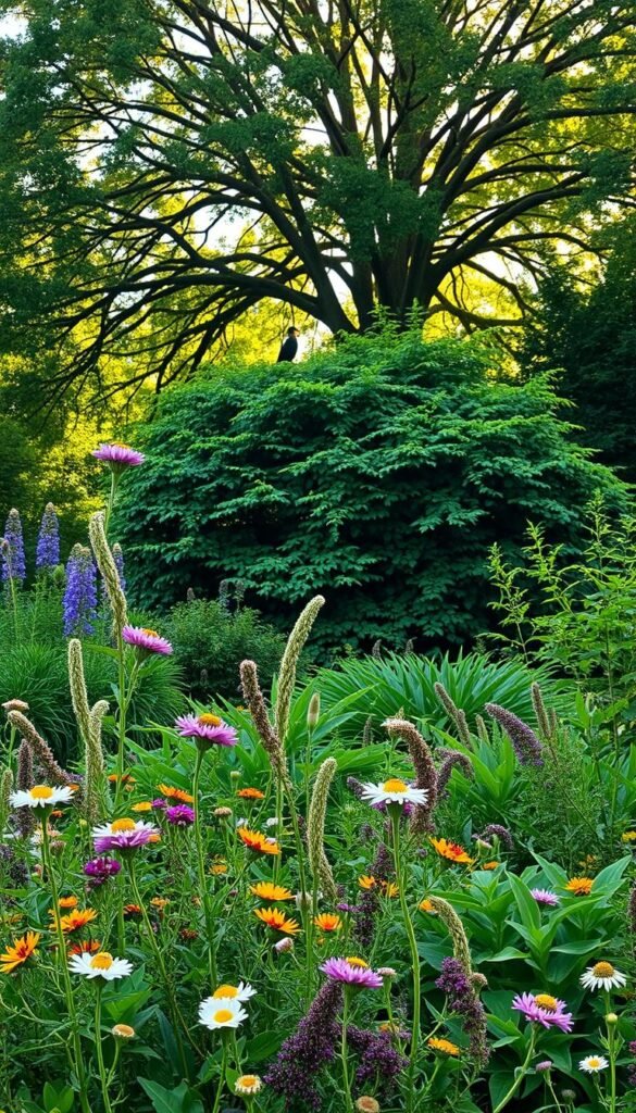 A lush, verdant bird habitat, featuring distinct layers of vegetation. In the foreground, a vibrant flowerbed with blooming native plants, attracting a variety of pollinating insects. The middle ground showcases a dense, multi-tiered shrub layer, providing shelter and nesting sites for small birds. Towering in the background, a mature deciduous tree canopy casts a warm, dappled light, creating a serene, inviting atmosphere. The scene is bathed in soft, natural lighting, captured through the lens of a high-quality DSLR camera. This harmonious, layered landscape embodies the perfect balance of food, water, and cover to support a thriving bird population.