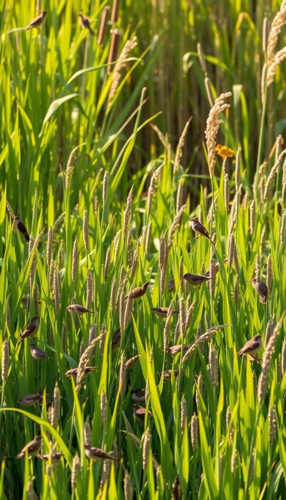 A lush, verdant field of wild rice, its slender stalks swaying gently in the breeze. Tall reeds and cattails rise up from the shallow water, providing a natural haven for birds. The golden sunlight filters through the leaves, casting a warm, inviting glow over the scene. In the foreground, a variety of bird species – sparrows, finches, and waterfowl – flock to the rice, feeding and taking shelter amidst the rustling vegetation. The overall atmosphere is one of tranquility and abundance, a safe haven for avian life.
