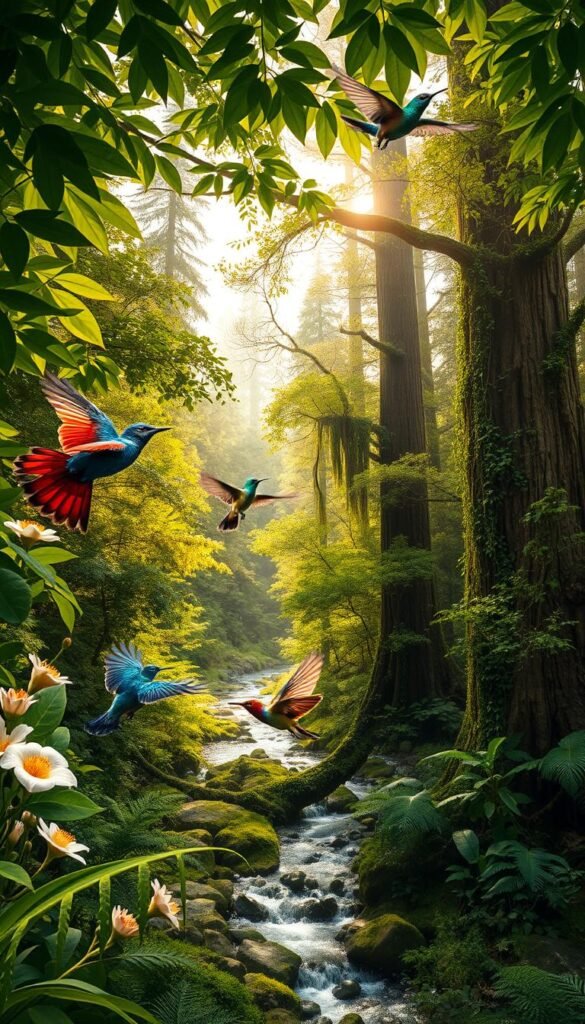 A lush, verdant forest canopy fills the frame, sunlight filtering through the swaying branches and leaves. In the foreground, a diverse array of vibrant birds flit between the foliage - a crimson tanager, a sapphire-winged jay, and a emerald-plumed hummingbird hover near blooming flowers. The middle ground reveals a serene stream winding through the undergrowth, its banks dotted with ferns and mosses. In the background, towering ancient trees rise up, their trunks draped in vines and epiphytes. The entire scene is bathed in a warm, golden glow, creating an atmosphere of tranquility and natural abundance.