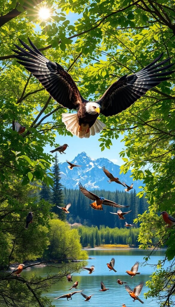 A lush, verdant forest canopy fills the frame, sunlight filtering through the vibrant leaves. In the foreground, a majestic eagle soars, its powerful wings outstretched, while below, a diverse array of songbirds flutter among the branches, their plumage a kaleidoscope of colors. The middle ground reveals a serene lake, its still waters reflecting the surrounding habitat, teeming with aquatic life that sustains the avian residents. In the distance, rugged, snow-capped mountains rise, creating a striking backdrop that emphasizes the harmony between the birds and their intricate, interconnected ecosystem. The scene conveys a sense of balance and interdependence, a visual representation of the vital link between these feathered creatures and their vital habitats.