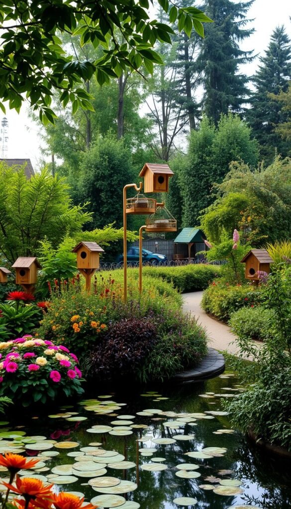 A lush, verdant garden design with a harmonious blend of vibrant foliage and strategically placed bird feeders, baths, and nesting boxes. In the foreground, a serene pond reflects the vibrant hues of native flowers and shrubs that attract a variety of bird species. The middle ground features a meandering path lined with dense, low-growing plants that provide cover and food sources for birds. In the background, a mix of tall trees and shrubs create a sheltered, natural haven where birds can safely perch, nest, and forage. Soft, diffused lighting illuminates the scene, creating a warm, inviting atmosphere that encourages birds to thrive in this carefully curated, bird-friendly oasis.