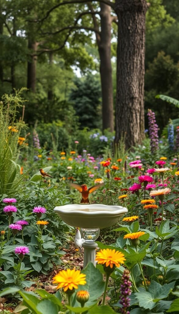 A lush, verdant garden filled with a diverse array of bird-friendly plants and features. In the foreground, a birdbath overflows with crystal-clear water, inviting feathered visitors to bathe and quench their thirst. Scattered throughout the middle ground are nectar-rich flowers in vibrant hues, drawing in hummingbirds and butterflies. Towering trees in the background provide sheltered perches and nesting sites for songbirds. Soft, diffused natural lighting illuminates the scene, creating a warm, welcoming ambiance. The composition captures the essential elements for creating a thriving, bird-friendly oasis that encourages year-round avian activity.