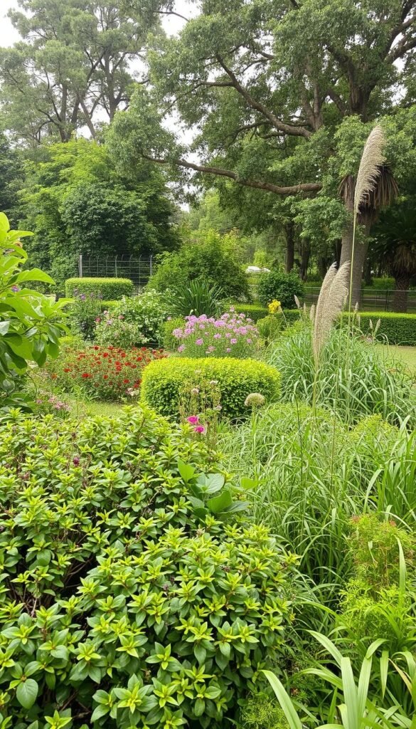 A lush, verdant garden filled with diverse layers of vegetation, creating an inviting habitat for a variety of birds. In the foreground, a dense thicket of shrubs and small trees, offering sheltered nesting sites and abundant food sources. The middle ground features a mix of flowering plants and grasses, attracting an array of insects and nectar-feeding birds. In the background, towering trees provide canopy cover and perching spots, their branches swaying gently in the soft, diffused light. The scene exudes a sense of tranquility and harmony, showcasing the essential elements for a thriving bird-friendly backyard.