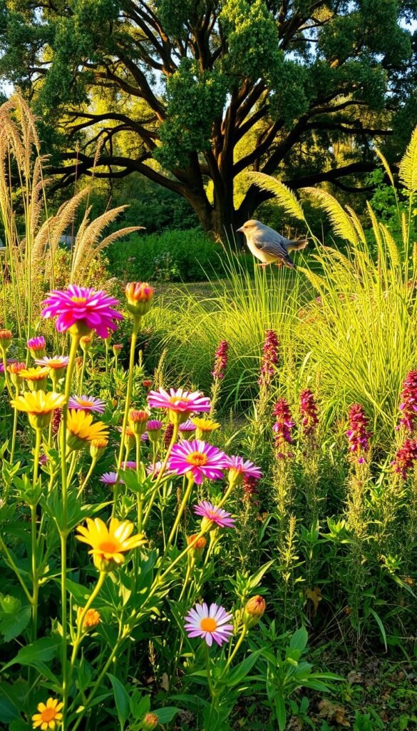 A lush, verdant garden filled with vibrant native flowers, grasses, and foliage that attract a variety of birds. In the foreground, clusters of colorful blooms sway gently in a soft breeze, their petals reflecting the warm, golden sunlight. The middle ground showcases a mix of tall, swaying grasses and low-growing shrubs, providing ample cover and nesting sites for birds. In the background, a canopy of mature native trees casts dappled shadows, creating a serene and inviting atmosphere. The scene is captured with a wide, cinematic angle, allowing the viewer to fully immerse themselves in this harmonious bird-friendly oasis.