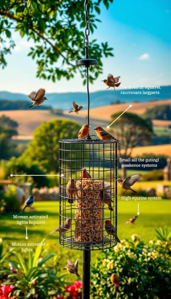 A lush, verdant garden scene with a variety of birds feasting on a well-stocked bird feeder. In the foreground, a sturdy metal cage or enclosure stands guard, its mesh wiring and spikes deterring unwanted pests like squirrels, raccoons, and larger birds from accessing the feeder. Strategically placed around the feeder are motion-activated lights and a small, discreet speaker system emitting high-frequency sounds, further discouraging any unwelcome visitors. The background features a bucolic landscape of rolling hills, mature trees, and a bright, warm sky, creating a serene and inviting atmosphere for the feathered diners. The lighting is soft and natural, with gentle shadows adding depth and dimension to the scene.