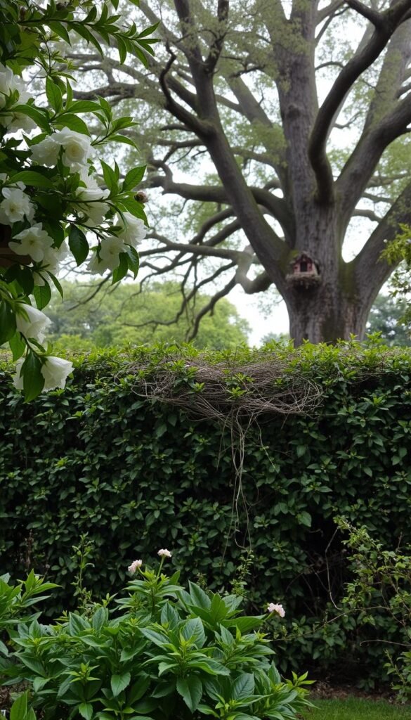 A lush, verdant garden setting with a variety of nesting sites for birds. In the foreground, a cozy birdhouse nestled in the branches of a flowering tree, its inviting entrance beckoning feathered residents. The middle ground features a dense hedgerow, its tangled branches and foliage providing ample cover and shelter for nesting birds. In the background, a towering oak tree stands tall, its sturdy limbs offering secure, high-up nesting opportunities. Soft, diffused natural lighting filters through the foliage, creating a warm, tranquil atmosphere. The scene evokes a sense of serenity and a welcoming habitat for a diverse array of bird species.