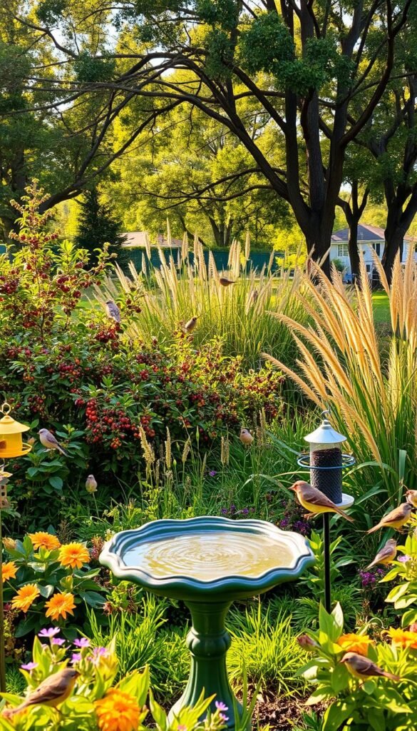 A lush, verdant garden with a mix of native plants, flowers, and shrubs providing shelter and food for a vibrant community of birds. In the foreground, a birdbath glistens in the warm, golden sunlight, surrounded by a variety of perches and bird feeders. In the middle ground, a dense thicket of berry-laden bushes and tall grasses create a dense, protective canopy for nesting birds. The background features a mix of mature trees, their branches filled with chirping songbirds. The overall scene conveys a sense of harmony and abundance, a welcoming oasis for our feathered friends.
