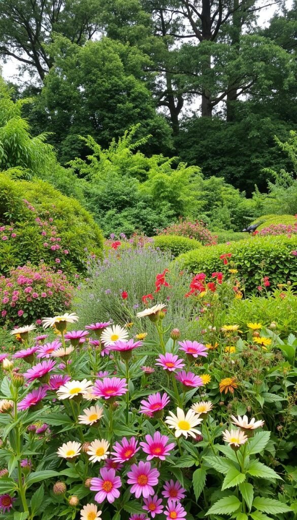 A lush, verdant garden with clusters of native flowering plants, shrubs, and trees, providing a haven for a variety of birds. The foreground features a mix of vibrant blooms in shades of pink, purple, and yellow, drawing in hummingbirds and songbirds. In the middle ground, dense foliage creates sheltered nesting spots and safe havens for smaller birds, while in the background, towering trees cast a soft, dappled light, creating a peaceful, serene atmosphere. The scene is captured through a wide-angle lens, showcasing the harmonious integration of the birds' needs and the carefully curated plantings. An inviting, bird-friendly oasis that inspires and educates.