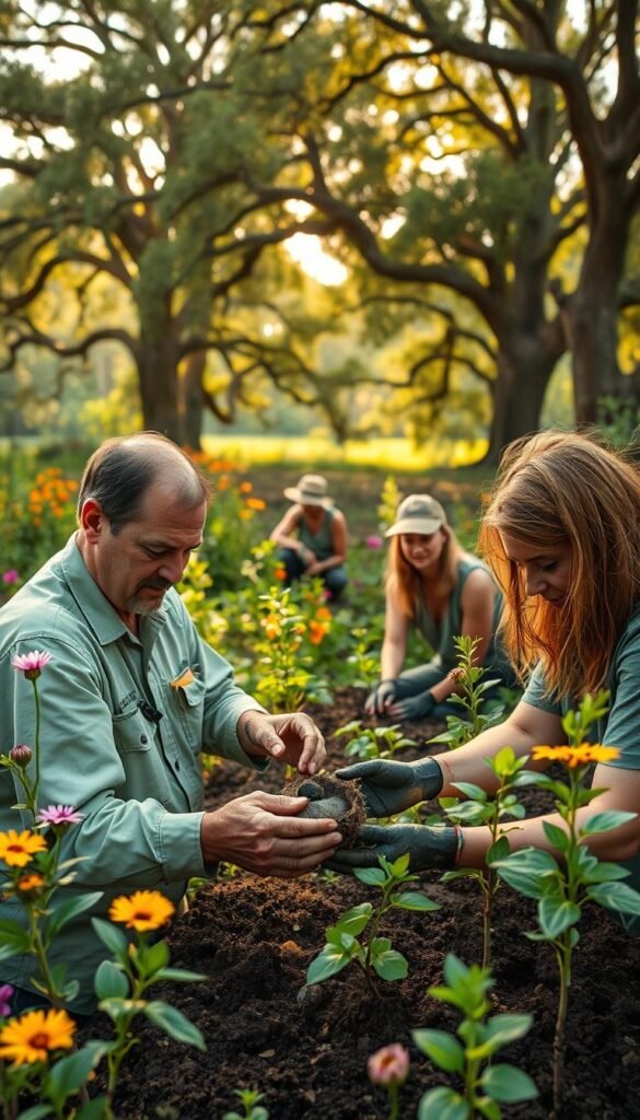 A lush, verdant landscape dotted with towering oak trees and vibrant wildflowers. In the foreground, a team of conservationists carefully monitoring a nest of endangered songbirds, their expressions focused and determined. In the middle ground, a group of volunteers planting native seedlings, their hands caked with rich, dark soil. The background is bathed in soft, golden light, casting a warm glow over the scene and conveying a sense of hope and progress. The camera angles capture the collaborative efforts of the conservation team, their dedication to protecting America's avian populations evident in every detail.