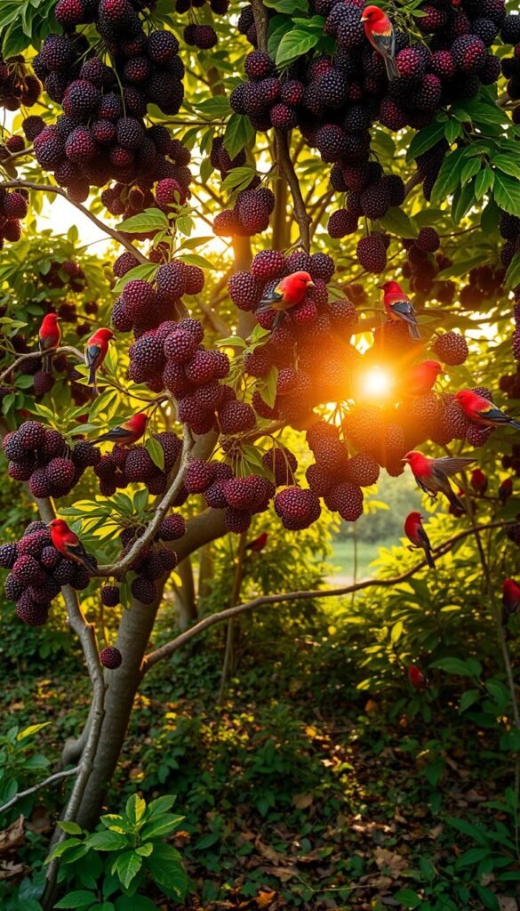A lush, verdant landscape featuring a captivating mulberry tree, its heavy branches laden with an abundance of ripe, deep purple berries. The sun casts a warm, golden glow, illuminating the scene and casting soft shadows across the leaf-covered ground. A flock of vibrant songbirds, their feathers shimmering in shades of red, blue, and yellow, flutter and perch on the tree's boughs, eagerly feasting on the sweet, juicy mulberries. The scene exudes a sense of tranquility and natural abundance, inviting the viewer to immerse themselves in the beauty of this vital resource for local avian populations.