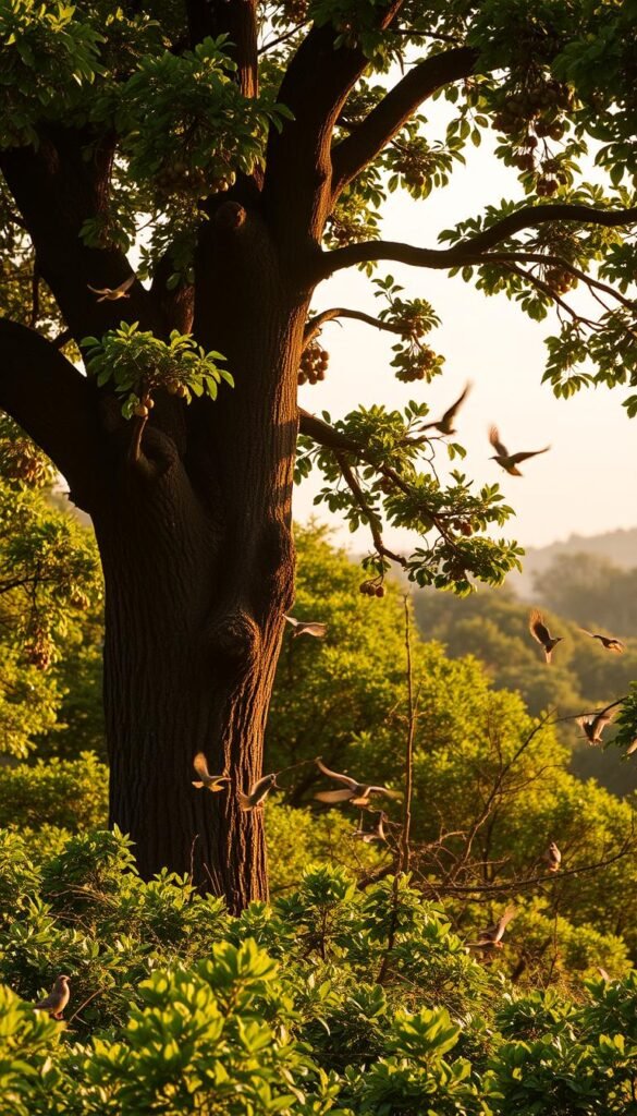 A lush, verdant landscape with a focus on a mature hickory tree, its branches laden with nutrient-rich nuts. The tree stands tall and proud, its thick trunk and gnarled bark providing a sturdy foundation. In the foreground, a flock of birds flutters around the tree, feeding on the bountiful nuts and seeking shelter from potential predators. The scene is bathed in warm, golden light, casting a soft, inviting glow across the scene. In the background, a hazy horizon suggests a peaceful, tranquil setting, ideal for the birds to thrive. The composition is balanced, with the hickory tree as the central focus, surrounded by the active avian life it supports.