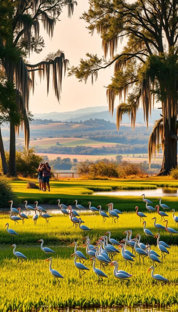A lush, verdant landscape with towering cypress trees and tranquil ponds, bathed in warm golden light. In the foreground, a flock of vibrant wading birds like herons and egrets wade through the shallows, their graceful movements captured in a crisp, detailed photograph. In the middle ground, birdwatchers with binoculars observe the bustling avian activity, while in the distance, rolling hills and distant lakes create a serene, pastoral scene. The overall atmosphere is one of peaceful coexistence between humans and nature, inviting the viewer to immerse themselves in the rich diversity of Texas' birding hotspots.