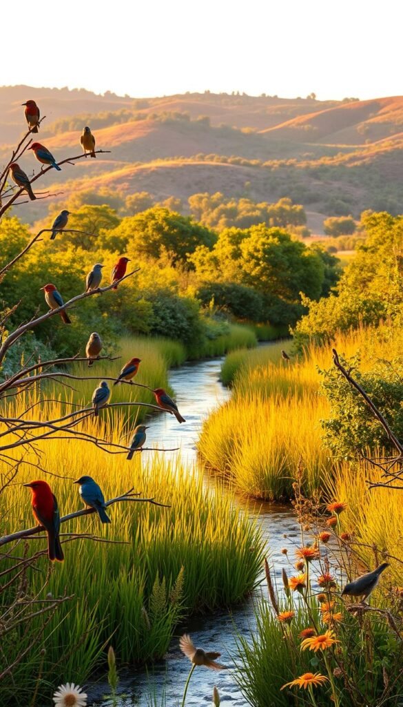A lush, vibrant Texas birding ecosystem, bathed in warm, golden light. In the foreground, a diverse array of native birds perch on branches, their feathers shimmering with a spectrum of colors. The middle ground features a serene, meandering stream, its banks dotted with tall, swaying grasses and wildflowers. In the background, a rolling landscape of rolling hills and thick, verdant foliage creates a sense of depth and natural harmony. The scene exudes a sense of tranquility and wonder, capturing the essence of the bountiful avian life found within the state of Texas.