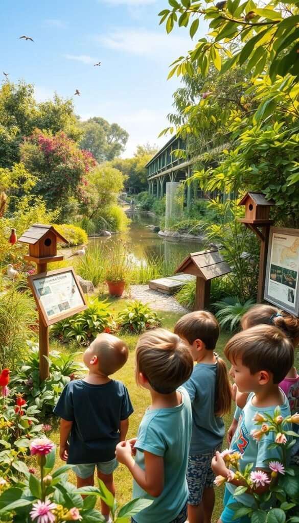 A lush, vibrant backyard garden, filled with a diverse array of local birds and wildlife, serving as an immersive educational platform. In the foreground, a group of children enthusiastically observing bird feeders and nesting boxes, their faces alight with curiosity. The middle ground showcases informative signage and interactive displays, guiding visitors through the ecosystem's intricate web. In the background, a tranquil pond reflects the serene sky, surrounded by native flora that provides essential habitats. Soft, natural lighting filters through the canopy, creating a warm, inviting atmosphere that encourages learning and exploration.