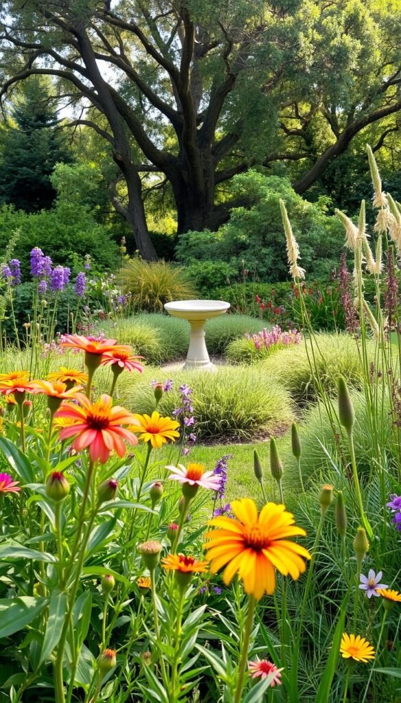 A lush, vibrant garden filled with a diverse array of native plants that attract and nourish a variety of bird species. In the foreground, a cluster of colorful wildflowers, their petals swaying gently in a soft breeze. In the middle ground, a bird bath surrounded by a mix of low-growing shrubs and grasses, providing ample cover and food sources for the feathered visitors. The background features a mix of mature native trees, their branches reaching skyward, casting dappled shadows across the scene. The lighting is soft and natural, creating a warm, inviting atmosphere that captures the beauty and importance of incorporating native plants into a bird-friendly garden.