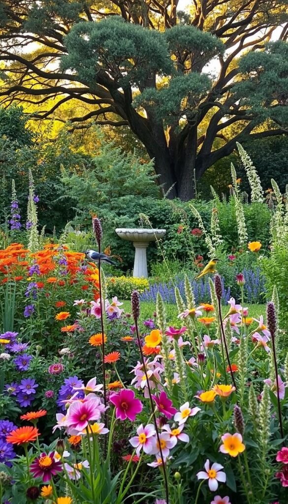 A lush, vibrant garden filled with a variety of native plants that attract a diverse array of birds. In the foreground, a colorful mix of flowering perennials and shrubs, their petals swaying gently in a soft breeze. In the middle ground, a bird bath nestled among dense foliage, inviting local avian species to bathe and drink. The background features a canopy of mature trees, their branches providing shade and shelter for the birds. The scene is bathed in warm, golden light, creating a serene, welcoming atmosphere. Every element of this backyard oasis has been carefully curated to provide the essential nutrients and resources needed to support a thriving bird population throughout the seasons.