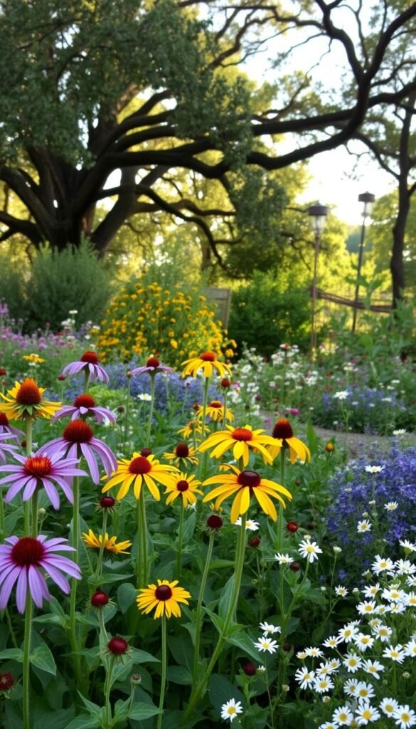 A lush, vibrant garden teeming with native flora, captured in a warm afternoon light. In the foreground, a diverse array of flowering plants, their petals bursting with color - purple coneflowers, yellow-flowered rudbeckia, and delicate white daisies. Mid-ground reveals a scattering of berry-laden shrubs, their foliage providing shelter and sustenance for songbirds. The background frames a canopy of mature oak trees, their branches casting a soft, dappled glow across the scene. The overall atmosphere is one of harmony and naturalistic splendor, showcasing the essential role native plants play in supporting local bird populations.