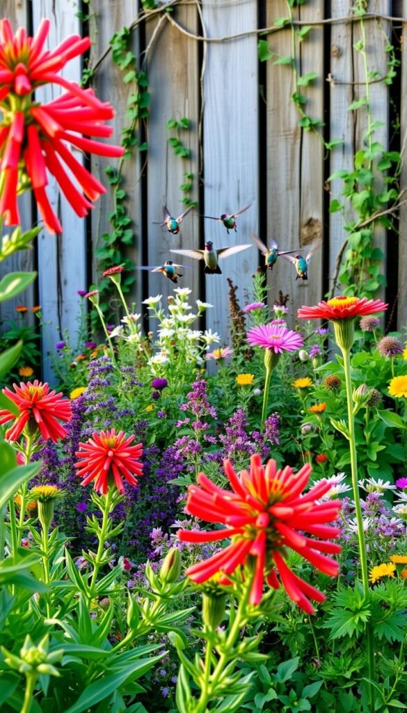 A lush, vibrant hummingbird-friendly garden in soft afternoon light. In the foreground, clusters of bright red tubular flowers sway gently. In the middle ground, a mix of flowering plants in shades of purple, pink, and yellow attract a flock of iridescent hummingbirds, their wings a blur as they dart from blossom to blossom. The background features a weathered wooden fence entwined with trailing vines, creating a natural, secluded ambiance. The overall scene exudes a sense of tranquility and harmony, inviting the viewer to imagine the joyful presence of these captivating avian visitors.