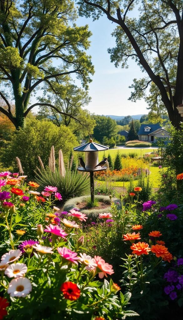 A lush, vibrant residential garden filled with diverse flora and fauna. The foreground features a well-tended flowerbed with a variety of blooming plants, their petals swaying gently in a soft breeze. In the middle ground, a thriving bird feeder is surrounded by a mix of native bushes and shrubs, providing ample nesting opportunities for a variety of avian species. The background showcases a picturesque view of the garden, with mature trees casting dappled shadows and a clear blue sky overhead. The lighting is warm and natural, with the sun's rays filtering through the foliage, creating a welcoming and serene atmosphere. Capture the tranquility and abundant life of this bird-friendly oasis, inviting the viewer to imagine the joyful sounds of birdsong.