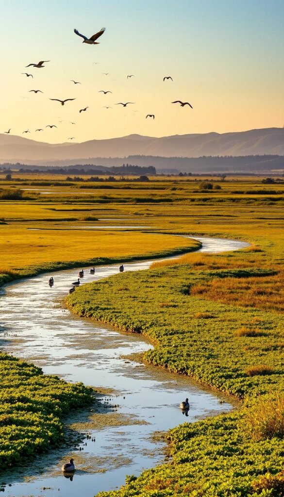 A lush, vibrant wetland landscape of Elkhorn Slough, a renowned California coastal estuary teeming with diverse wildlife. In the foreground, a tranquil waterway reflects the surrounding verdant vegetation, home to a variety of waterfowl and wading birds. In the middle ground, marshes and mudflats support a thriving ecosystem, with shorebirds and raptors soaring overhead. In the background, rolling hills and coastal forests create a picturesque backdrop, bathed in warm, golden-hour light. The scene conveys the remarkable biodiversity and ecological significance of this cherished natural wonder.
