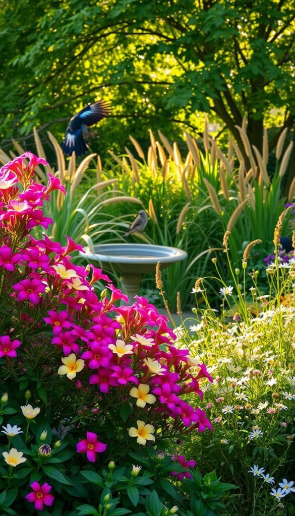 A lush, well-lit garden scene featuring vibrant native plants that attract a variety of birds. In the foreground, a cluster of flowering bushes with vivid petals in shades of pink, purple, and yellow. In the middle ground, a birdbath surrounded by a mix of tall grasses and delicate wildflowers. In the background, a verdant tree canopy provides a natural, serene backdrop. The lighting is soft and warm, casting a golden glow over the entire scene. The composition is balanced, with the plants and birds arranged in a harmonious, aesthetically pleasing manner. The overall mood is one of tranquility and abundance, inviting the viewer to imagine a backyard sanctuary for local avian species.