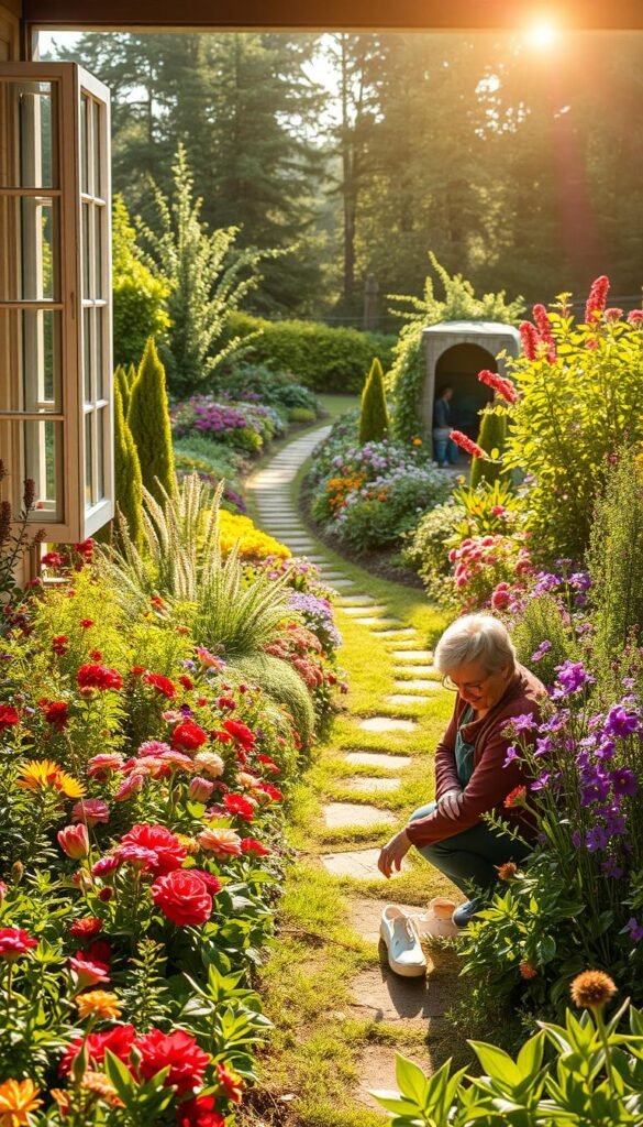 A lush, well-tended garden in the midst of seasonal care. In the foreground, a gardener kneels, tending to vibrant flowerbeds with delicate hands. Sunlight streams in from a wide, open window, casting a warm, golden glow over the scene. In the middle ground, a winding path leads through a variety of thriving plants, from towering shrubs to cascading vines. The background is filled with a profusion of colorful blooms, their petals swaying gently in a soft breeze. The overall atmosphere is one of peaceful productivity, where the rhythms of nature and the careful attention of the gardener work in harmony to create a welcoming, bird-friendly haven.
