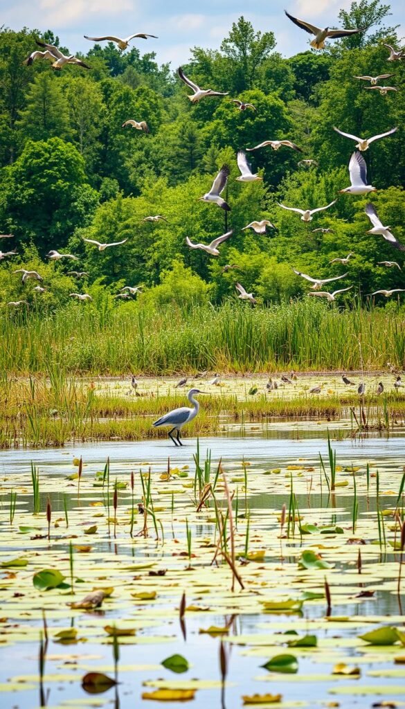 A lush wetland landscape, teeming with life. In the foreground, a serene pond reflects the sky, its surface dotted with floating lily pads. Reeds and cattails sway gently in the soft breeze, providing cover for a variety of waterfowl. In the middle ground, a heron stalks its prey, its long legs wading through the shallow waters. Overhead, birds of all shapes and sizes soar, their graceful movements a testament to the importance of these vital wetland habitats. The background features a dense, verdant forest, the trees reaching up to a bright, sun-dappled sky. The overall scene conveys a sense of tranquility and the delicate balance of nature, highlighting the critical role wetlands play in supporting diverse avian populations.