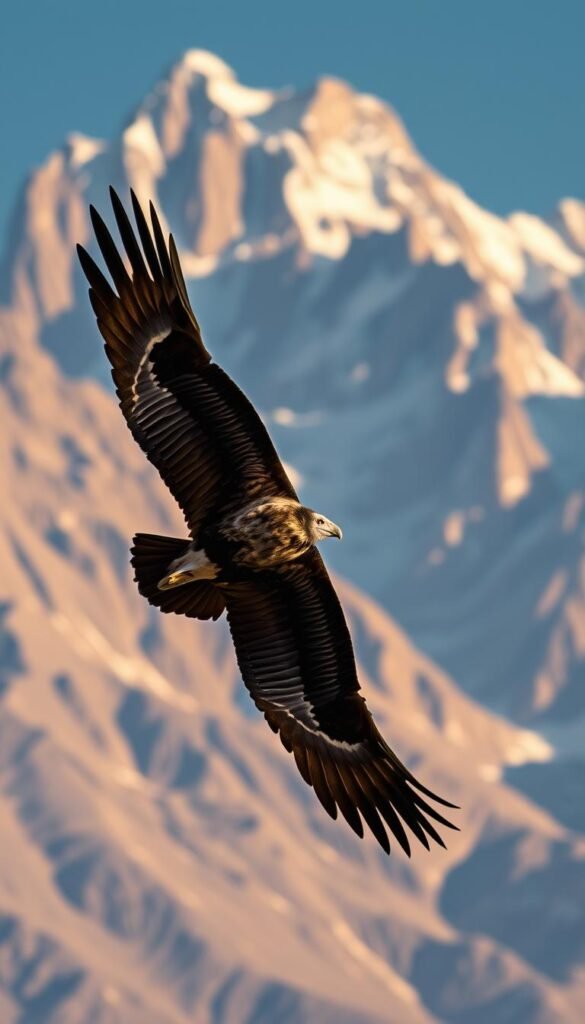 A majestic Andean condor soaring effortlessly against a backdrop of towering Andean peaks, its vast wings outstretched as it glides on the currents of mountain air. The bird's regal presence is captured in sharp detail, with its distinctive white collar and dark, iridescent plumage shimmering in the warm, golden light of the high-altitude setting. The scene exudes a sense of serene power and grace, perfectly embodying the grandeur of this iconic species and its natural habitat.