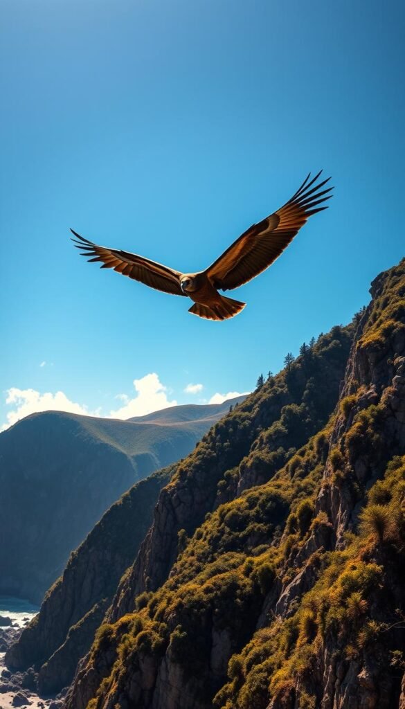 A majestic California condor soars above the rugged Big Sur coastline, its massive wings outstretched against a cloudless azure sky. The towering cliffs in the background are draped in lush, verdant foliage, framing the scene with a sense of grand, untamed wilderness. Warm, golden sunlight filters through the air, casting a soft, natural glow over the powerful bird as it glides effortlessly, hunting for carrion. The image captures the raw, awe-inspiring beauty of this iconic endangered species in its natural habitat, a true symbol of California's ecological resilience.