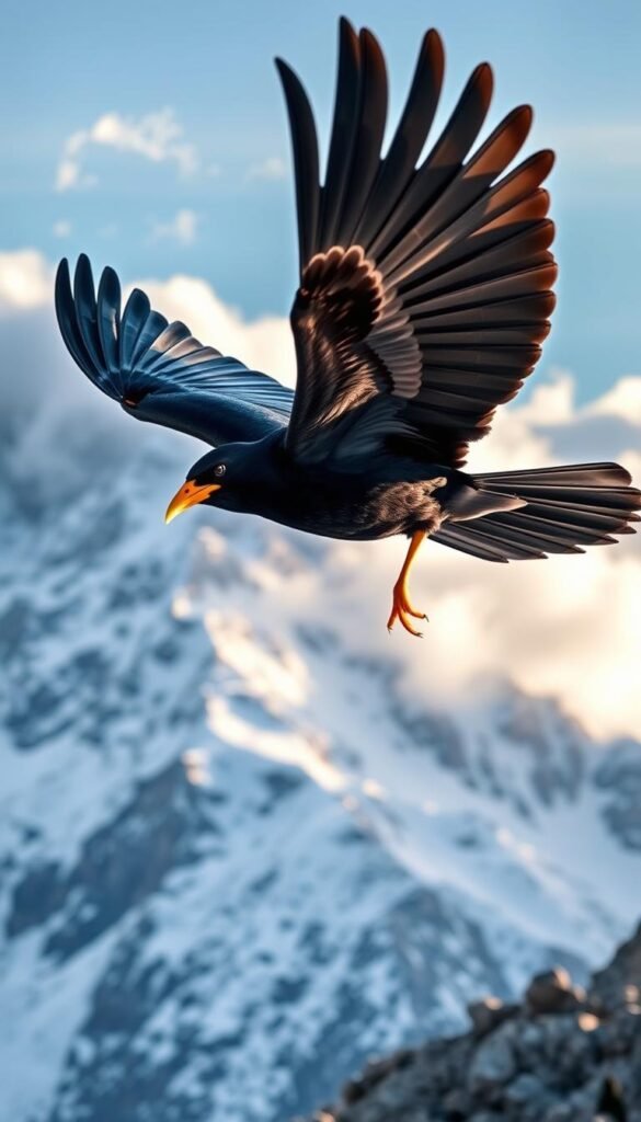 A majestic alpine chough soaring gracefully through the crisp, thin mountain air, its striking black plumage and vibrant yellow beak and legs standing out against the rugged, snow-capped peaks in the background. The bird's powerful wings effortlessly glide over the rocky terrain, showcasing its mastery of the high-altitude environment. Soft, warm sunlight filters through wispy clouds, casting a serene, almost mystical glow over the scene. The bird's keen eyes scan the landscape, alert and attuned to the challenges of its harsh, alpine habitat. This captivating image captures the essence of the alpine chough, the resilient mountain dweller thriving in the world's highest reaches.