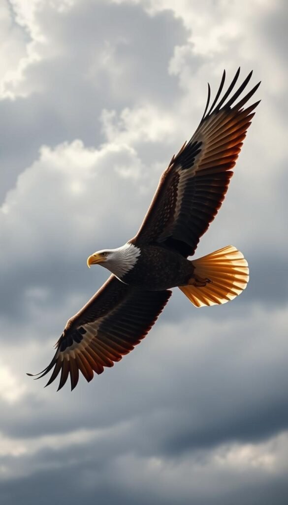 A majestic bald eagle taking flight, its powerful wings spread wide against a dramatic cloudy sky. The bird's sharp beak and intense gaze convey its formidable presence as it soars effortlessly, commanding the attention of all who witness its graceful aerial display. The warm golden hues of the eagle's head and tail feathers catch the sunlight, lending an aura of regal splendor to this iconic symbol of American strength and freedom. The scene is captured in a cinematic wide-angle shot, emphasizing the eagle's grand scale and dominance over the landscape below.