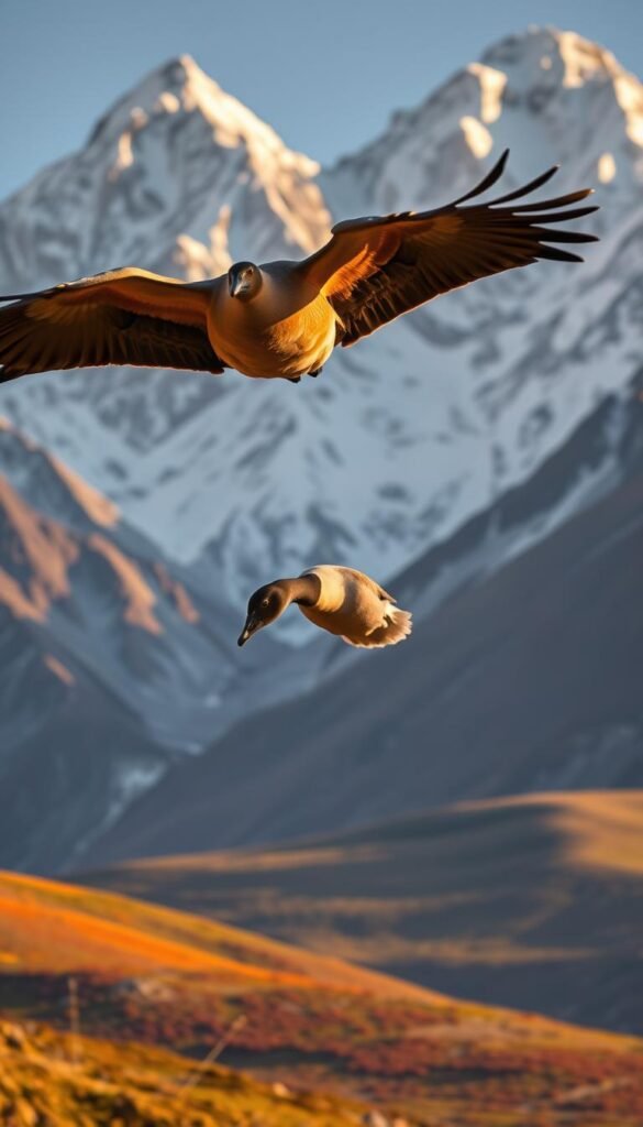 A majestic bar-headed goose soaring effortlessly against the backdrop of the towering Himalayan peaks, its powerful wings outstretched. The bird's distinct black head and neck, set against a warm golden body, is captured in a dramatic low-angle shot that emphasizes its grace and determination. The scene is illuminated by a warm, golden-hour light, casting a serene glow over the snow-capped mountains and vibrant alpine meadows in the distance. The composition is balanced, with the goose taking center stage, symbolizing the sheer determination and resilience of this remarkable species as it conquers the highest altitudes on Earth.
