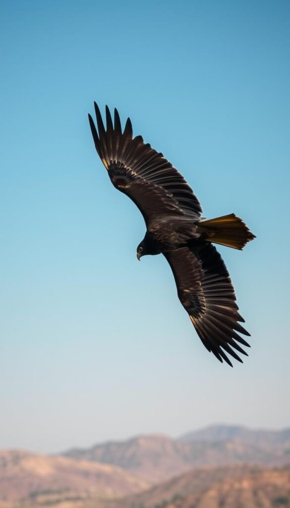 A majestic black kite, its wings outstretched, soaring effortlessly against a clear blue sky. Detailed feathers in shades of ebony and charcoal, the bird's graceful movements captured mid-flight. The foreground features the kite in sharp focus, while the background blurs into a hazy, atmospheric landscape below. Warm, natural lighting casts a soft glow, highlighting the kite's powerful silhouette. The scene conveys a sense of freedom and agility, perfectly embodying the "Versatile Flyer" theme. A crisp, high-resolution image that showcases the beauty and mastery of the black kite's aerial prowess.