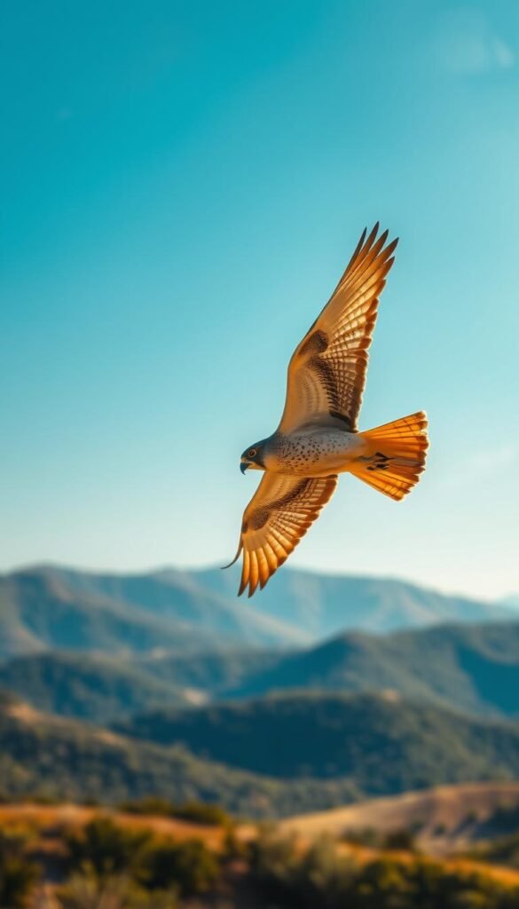 A majestic falcon soars effortlessly on thermals, its wings outstretched in a graceful arc against a vibrant azure sky. The bird's feathers glisten in the warm, golden sunlight, casting delicate shadows upon the tranquil landscape below. In the distance, rolling hills covered in lush greenery create a picturesque backdrop, complementing the serene and awe-inspiring scene. The camera angle is slightly elevated, capturing the falcon's smooth, gliding movements and the breathtaking expansiveness of the natural environment. This image conveys the beauty and elegance of avian flight, showcasing the remarkable adaptations that enable birds to effortlessly master the skies.